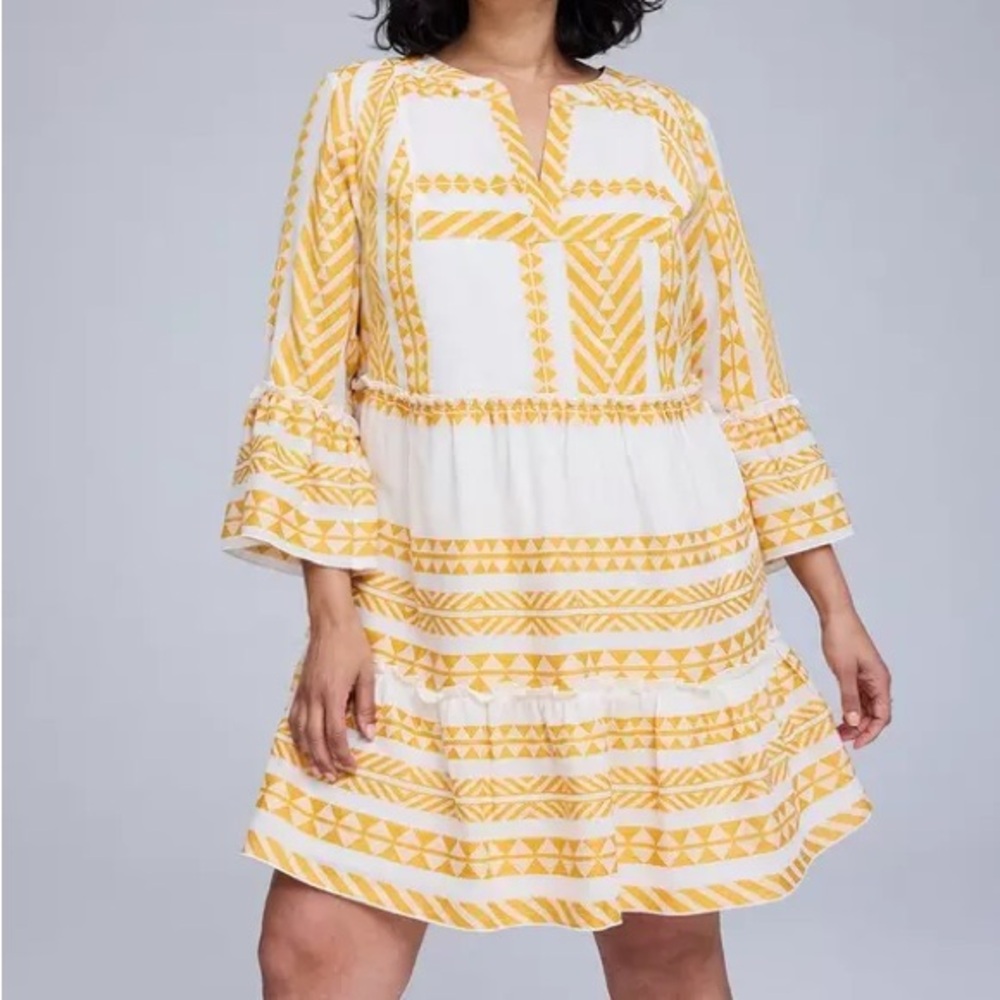 torrid White and Yellow Geometric Tiered Mini Dress with Bell Sleeves
